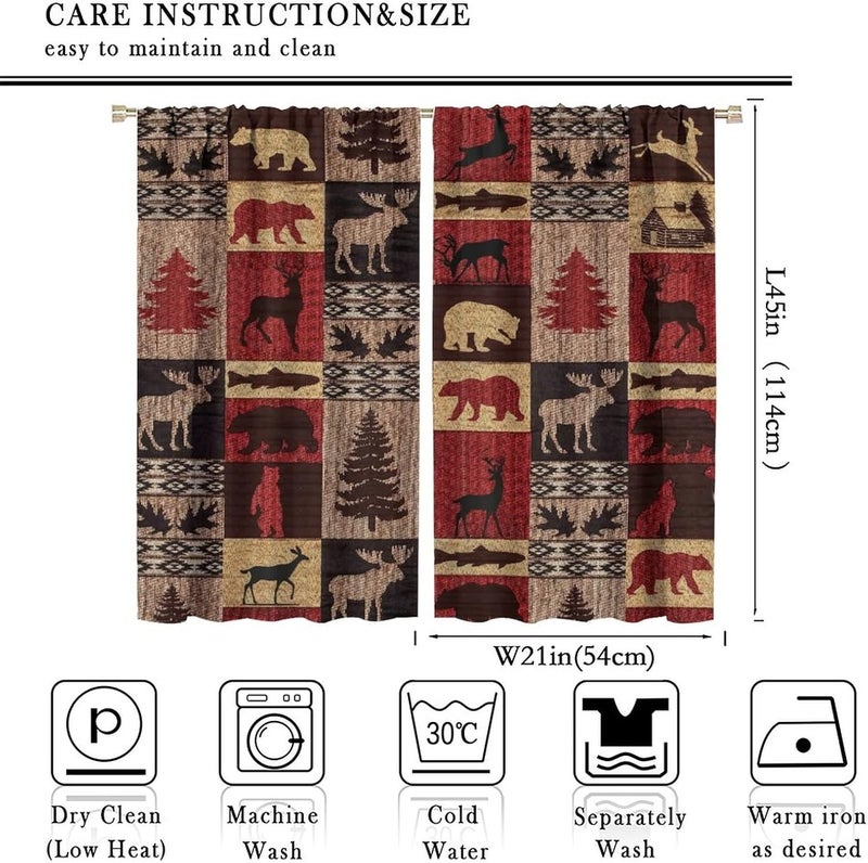 Kazynee Vintage Check Black Bear Blackout Curtains - Rustic Country Farmhouse Cabin Elk Tree Plaid Rod Pocket Window Treatment Set Energy Saving Thermal Insulated Drapes,2 Panels 45L x 21W - Image 2